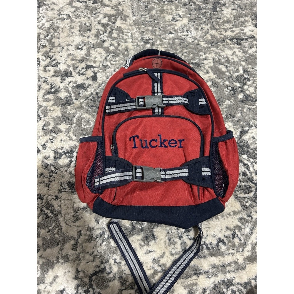 Pottery Barn Kids Red And Navy Backpack Size Small Embroidered "Tucker"